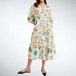 Size S Easel Los Angeles Party Fruit Print Cotton Tiered Midi Dress